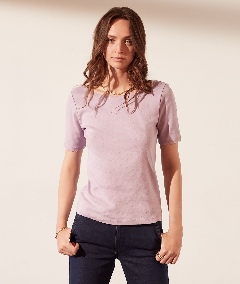 Pointelle t-shirt van biokatoen met rugdecolleté lila.