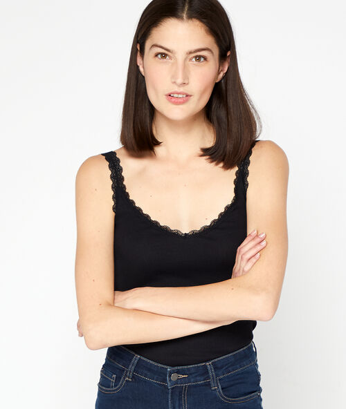 D&eacute;bardeur c&ocirc;tel&eacute; d&eacute;collet&eacute; guipure noir.