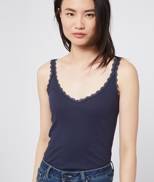 D&eacute;bardeur c&ocirc;tel&eacute; d&eacute;collet&eacute; guipure marine.