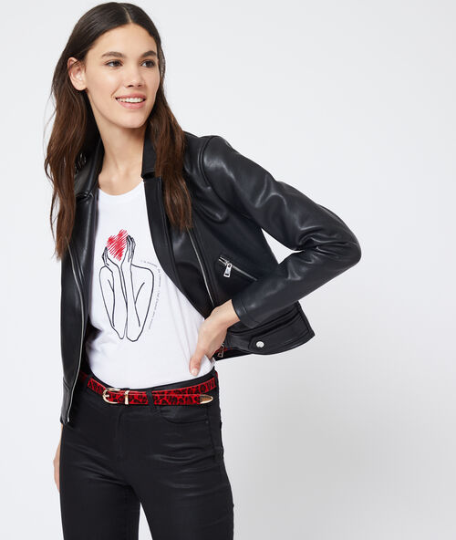 Bikerjack in imitatieleder zwart.