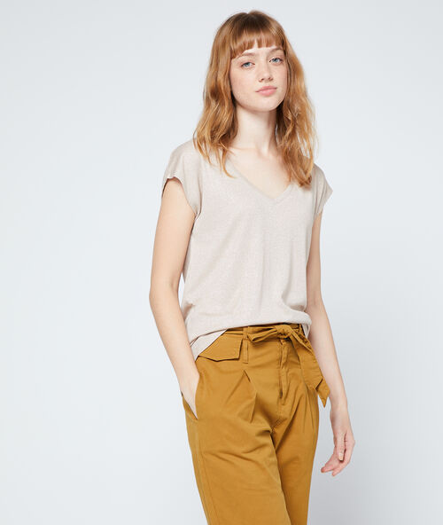 T-shirt m&eacute;tallis&eacute; &agrave; col v camel.