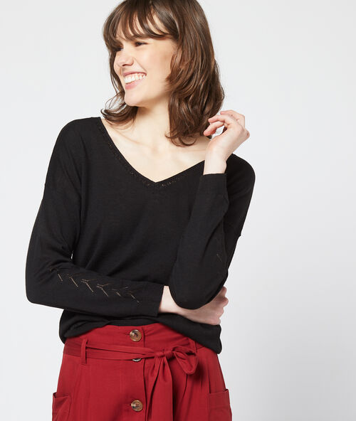 Trui met v-hals en fijne mesh zwart.