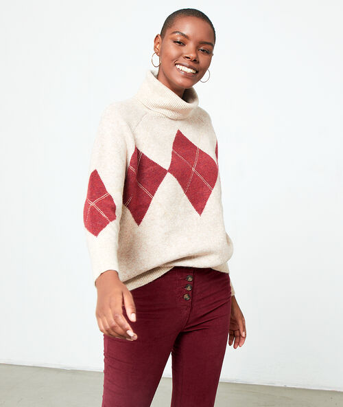 Pull col roul&eacute; &agrave; motifs jacquard ecru.
