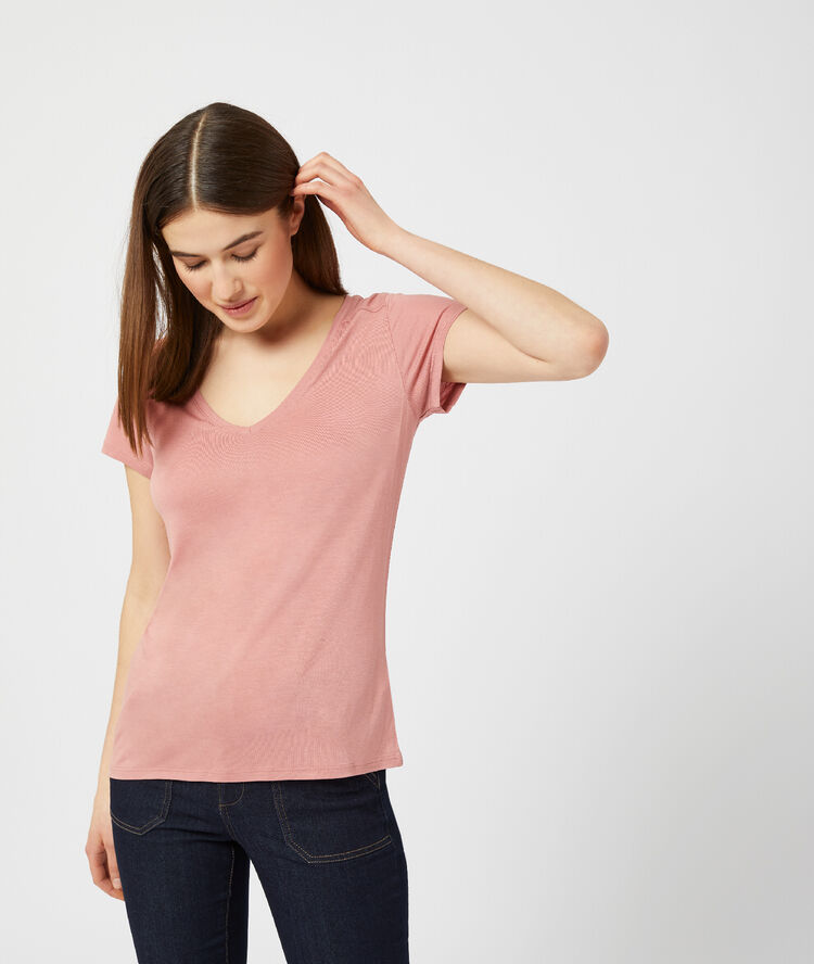 T-shirt col v bois de rose.