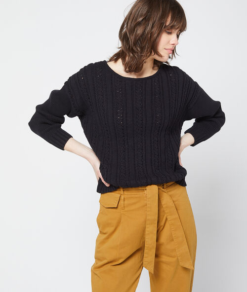 Trui met breiwerk in visgraatmotief zwart.