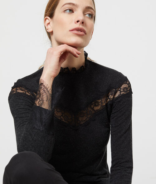 Top maille douce &agrave; guipure gris chine fonce.