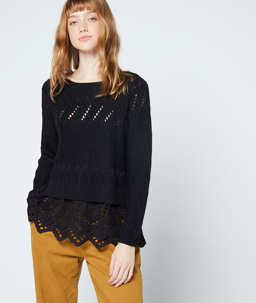 Pull d&eacute;tails crochet en grosse maille noir.