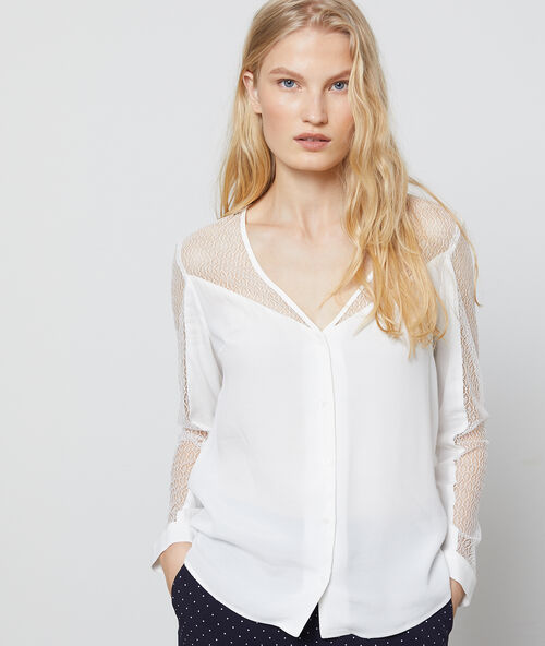 Blouse ajour&eacute;e &agrave; dentelle guipure ecru.