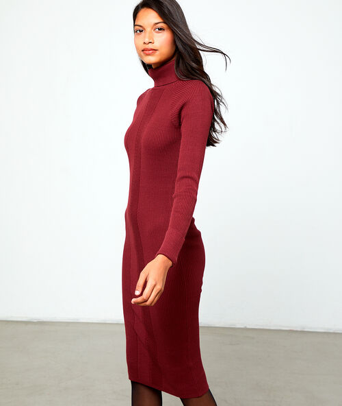 Robe pull &agrave; col roul&eacute; bordeaux.