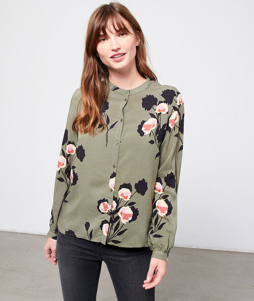 Chemisier col mao imprim&eacute; fleuri kaki.