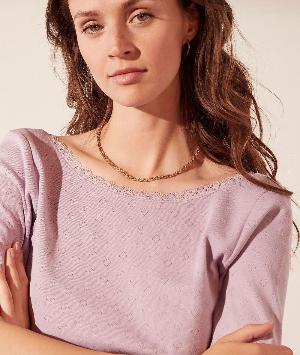 Pointelle t-shirt van biokatoen met rugdecolleté lila.