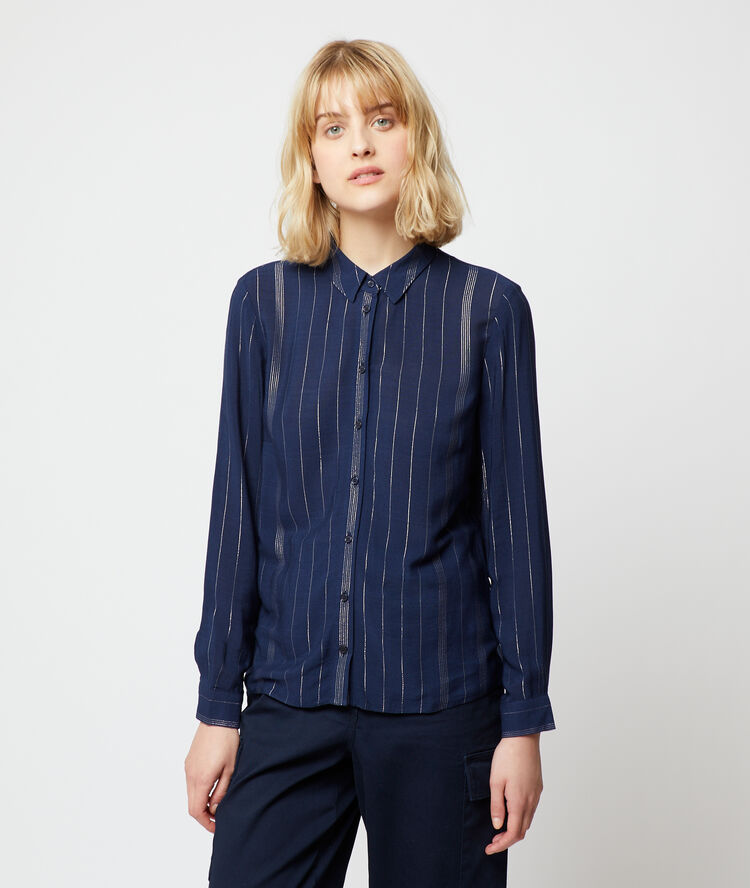 Chemise à rayures métallisées marine.
