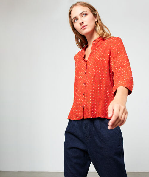 Chemisier col rond &agrave; pois rouille.