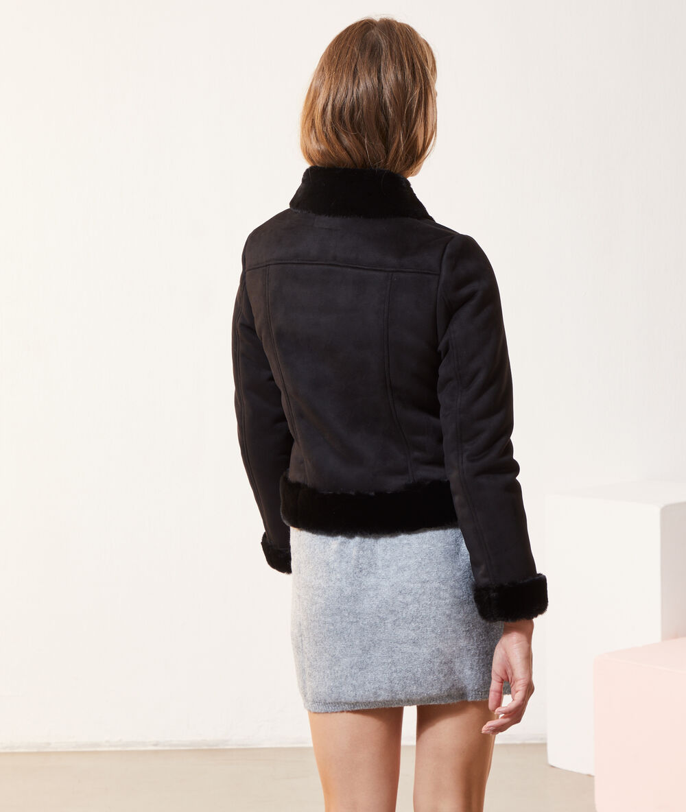Veste de biker effet daim et fausse fourrure noir.