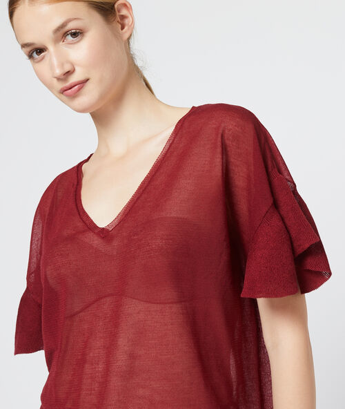 T-shirt met transparant effect, in fijne mesh granaat.