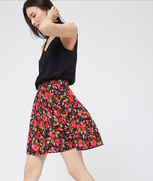 Jupe fluide &agrave; imprim&eacute; floral noir.