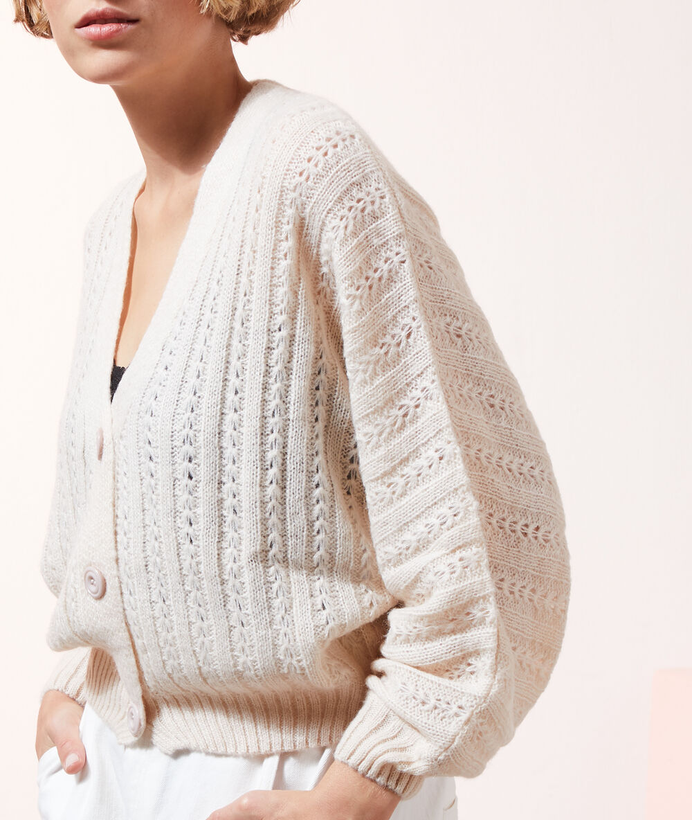 Gilet ample en maille pointelle beige rose.