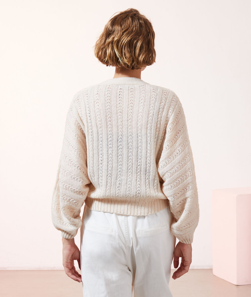 Gilet ample en maille pointelle beige rose.