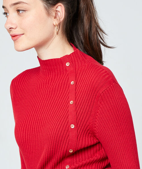 Pull c&ocirc;tel&eacute; &agrave; col roul&eacute; carmin.